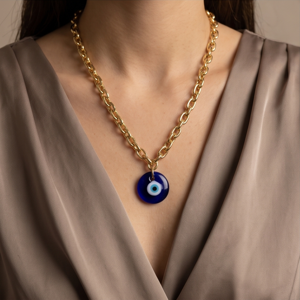 Woman wearing Élan Link 18K gold plated necklace with blue glass evil eye pendant